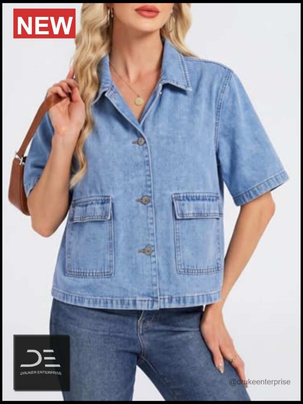 Crop Denim Jacket Short Sleeve Boxy Fit Collared Jean Top with Pockets - Picture 6 of 6
